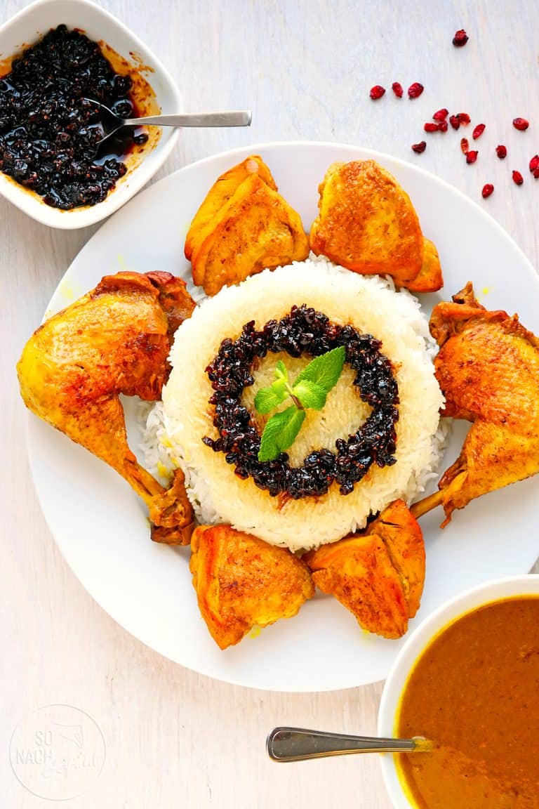 Zereshk Polo – Berberitzenreis mit Huhn