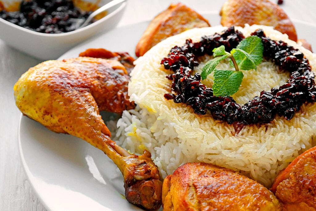 Zereshk Polo – Berberitzenreis mit Huhn