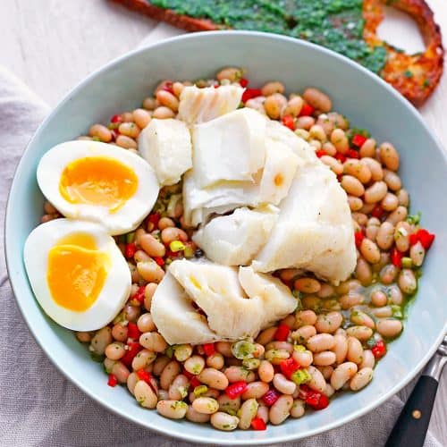 Kabeljau-Confit auf Bohnensalat mit Piso