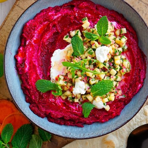 Rote Bete-Süßkartoffel-Dip mit Apfel-Salsa