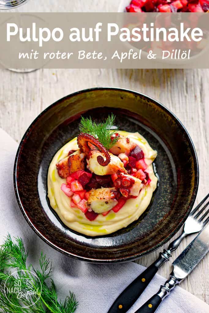 Pulpo mit roter Bete, Apfel und Dillöl