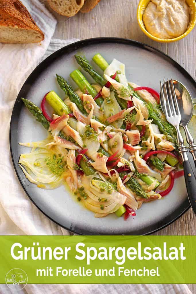 Grüner Spargelsalat mit Forelle auf Bohnenhummus für Pinterest